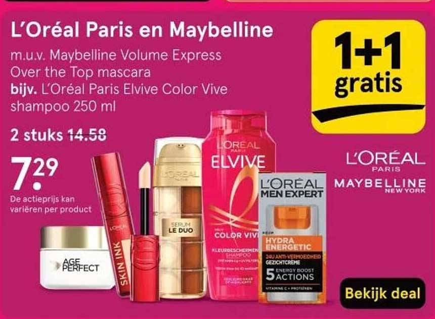 L’Oreal Paris en Maybelline m.u.v. Maybelline Volume Express Over the Top mascara bijv. L’Oreal Paris Elvive Color Vive shampoo 250 ml