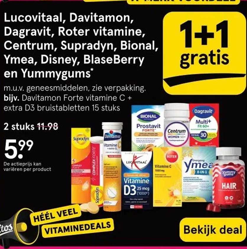 Lucovitaal, Davitamon, Dagravit, Roter vitamine, Centrum, Supradyn, Bional, Ymea, Disney, BlaseBerry en Yummygums - 1+1 gratis