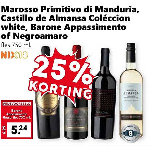 Marosso Primitivo di Manduria, Castillo de Almansa Colección white, Barone Appassimento of Negroamaro, fles 750 ml.