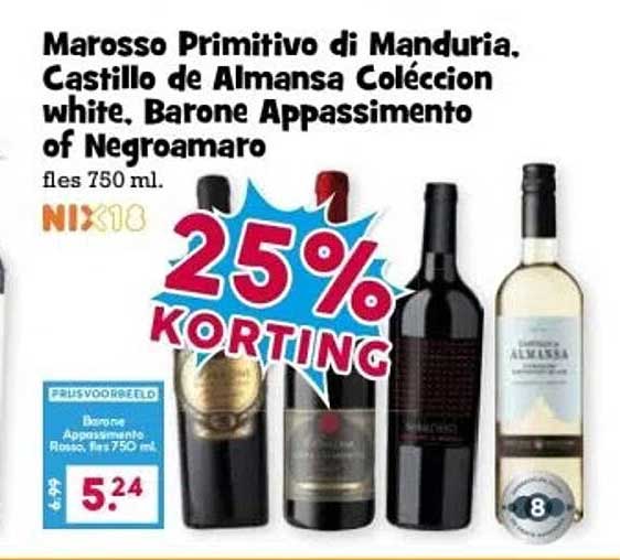 Marosso Primitivo di Manduria, Castillo de Almansa Colección white, Barone Appassimento of Negroamaro fles 750 ml.