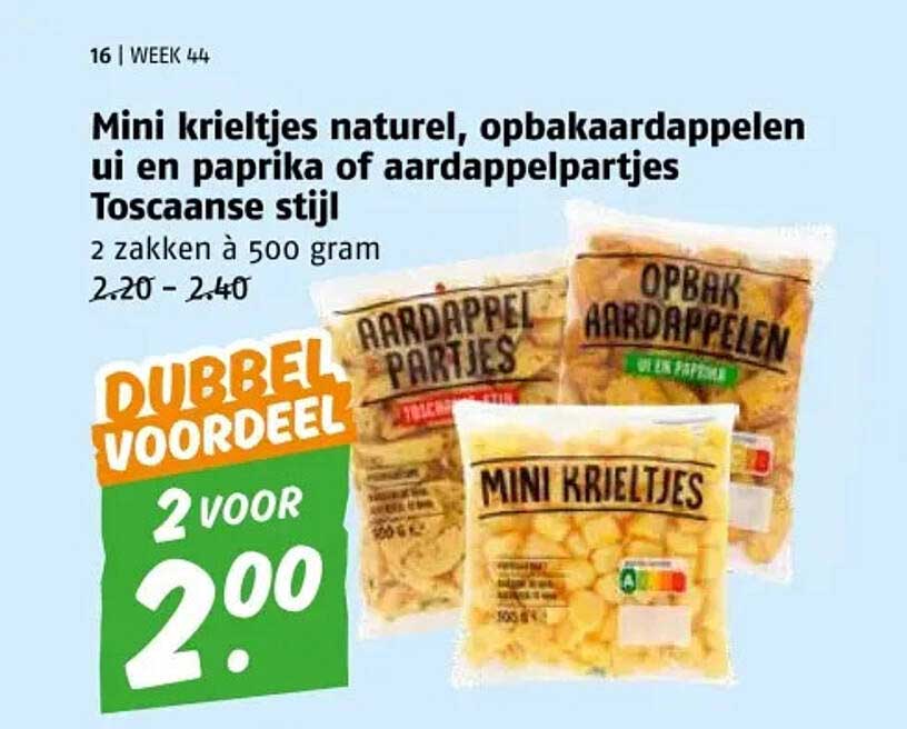Mini krieltjes naturel, opbak aardappelen ui en paprika of aardappelpartjes Toscaanse stijl