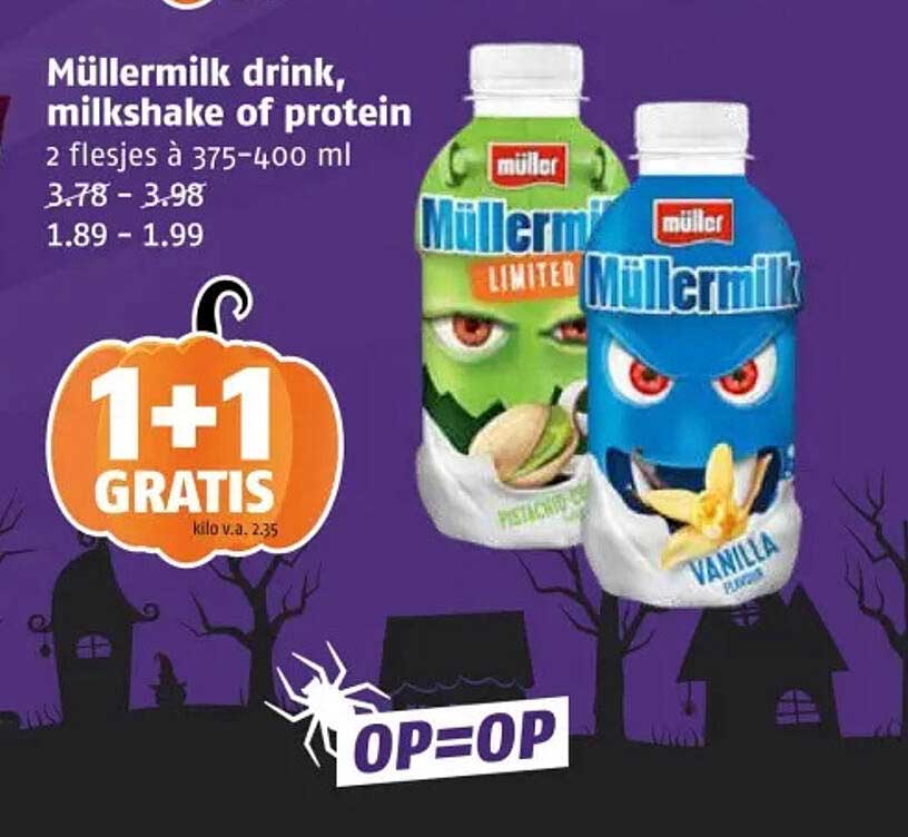Müllermilk drink, milkshake of protein 2 flesjes à 375-400 ml