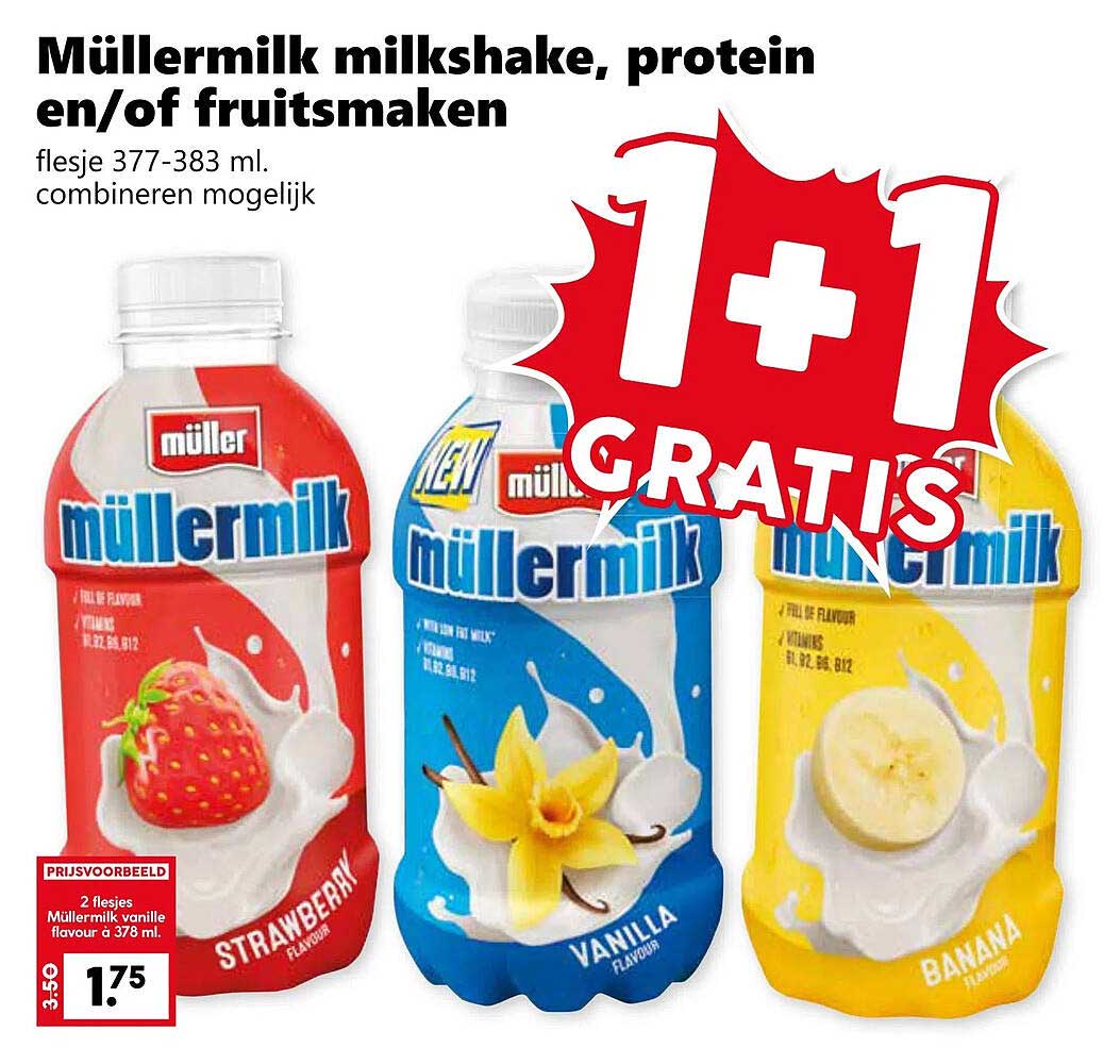 Müllermilk milkshake, protein en/of fruitsmaken 1+1 gratis