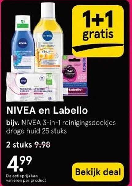 NIVEA en Labello bijv. NIVEA 3-in-1 reinigingsdoekjes droge huid 25 stuks