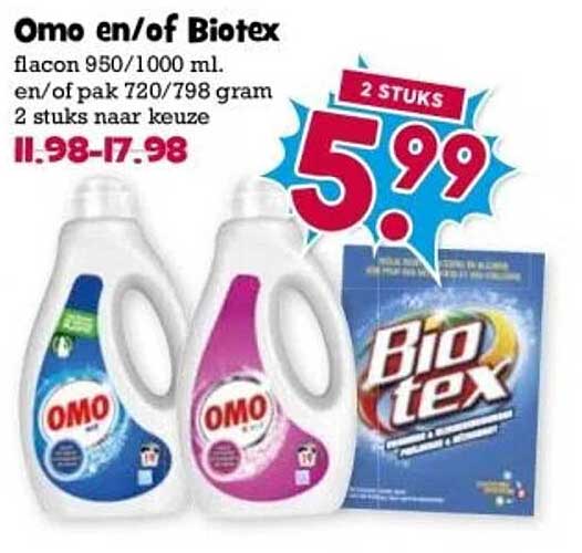 Omo en/of Biotex flacon 950/1000 ml. en/of pak 720/798 gram 2 stuks naar keuze