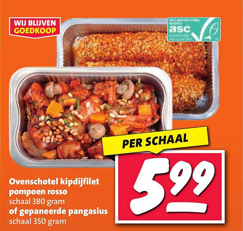 Ovenschotel kipdijfilet pompoen rosso schaal 380 gram of gepaneerde pangasius schaal 350 gram