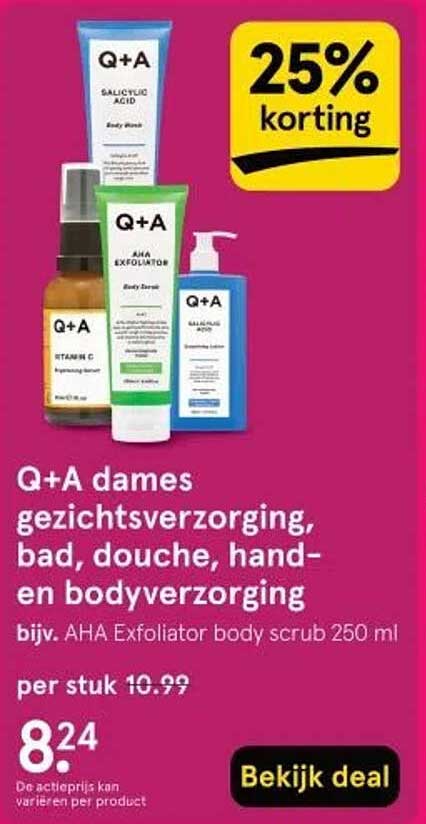 Q+A dames gezichtsverzorging, bad, douche, hand- en bodyverzorging bijv. AHA Exfoliator body scrub 250 ml
