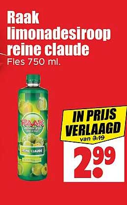 Raak limonadesiroop reine claude Fles 750 ml.