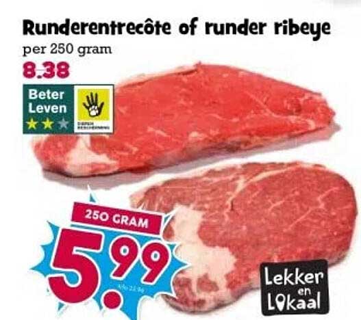 Runderribeye of rundentre côte per 250 gram