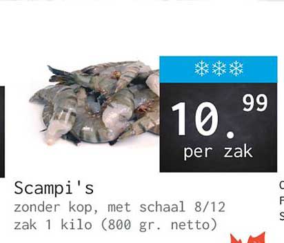 Scampi's zonder kop, met schaal 8/12 zak 1 kilo (800 gr. netto)