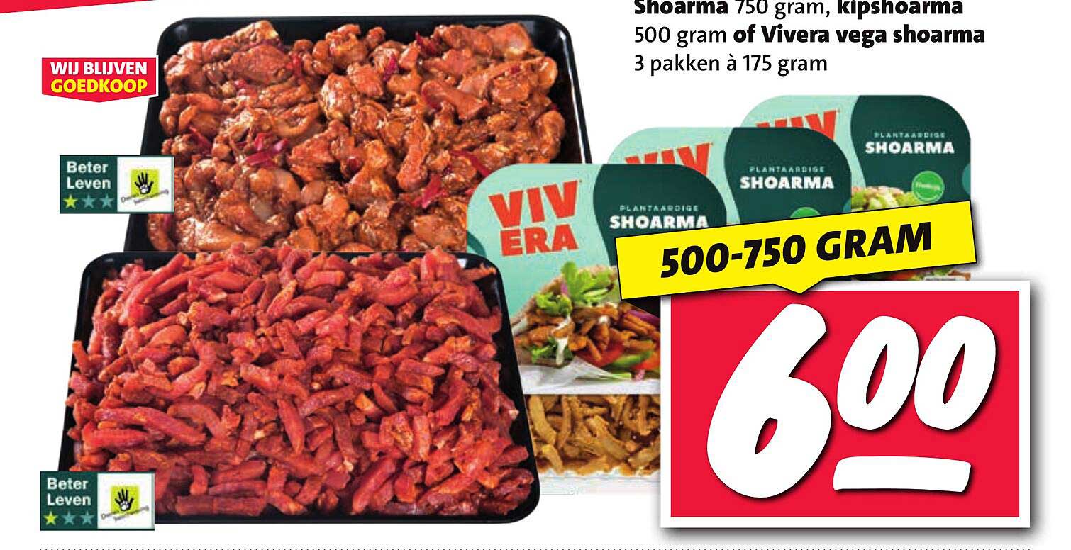 Shoarma 750 gram, kipshoarma 500 gram of Vivera vega shoarma 3 pakken à 175 gram