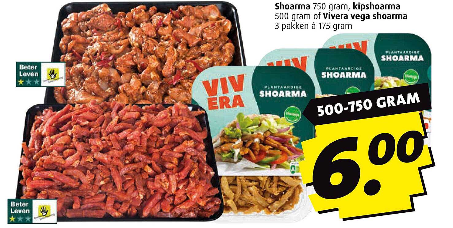 Shoarma 750 gram, kipshoarma of 500 gram van Vivera vega shoarma (3 pakken à 175 gram)