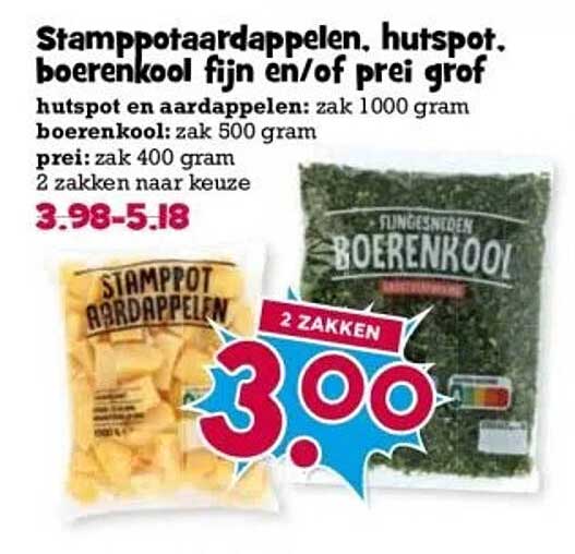 Stamppotaardappelen, hutspot, boerenkool fijn en/of prei grof