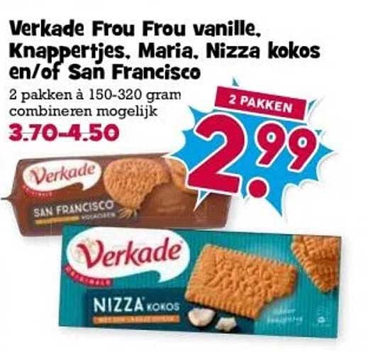 Verkade Frou Frou vanille, Knappertjes, Maria, Nizza kokos en/of San Francisco