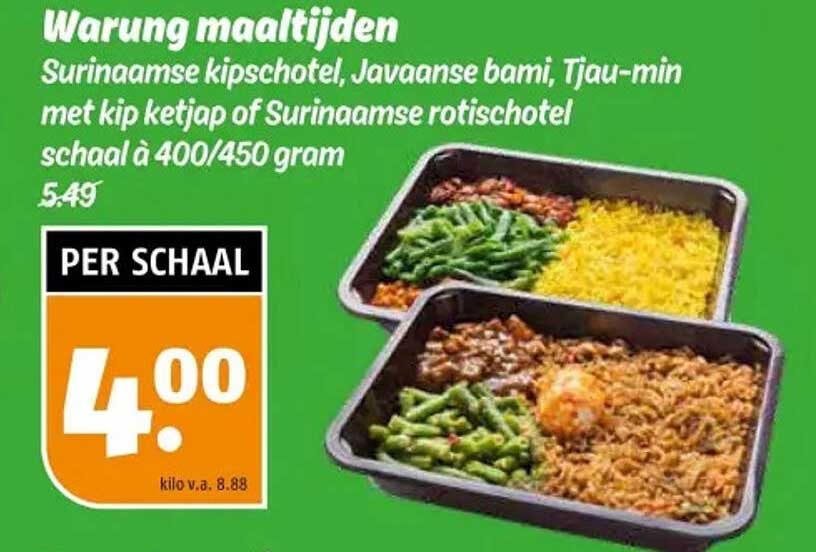 Warung maaltijden - Surinaamse kipschotel, Javanese bami, Tjau-min met kip ketjap of Surinaamse rotischotel schaal à 400/450 gram