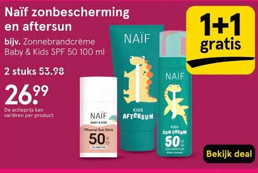 Naïf zonbescherming en aftersun bijv. Zonnebrandcrème Baby & Kids SPF 50 100 ml