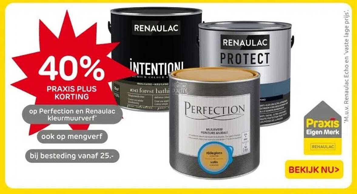 40% PRAxis Plus korting op Perfection en Renau lac kleurmuurverf