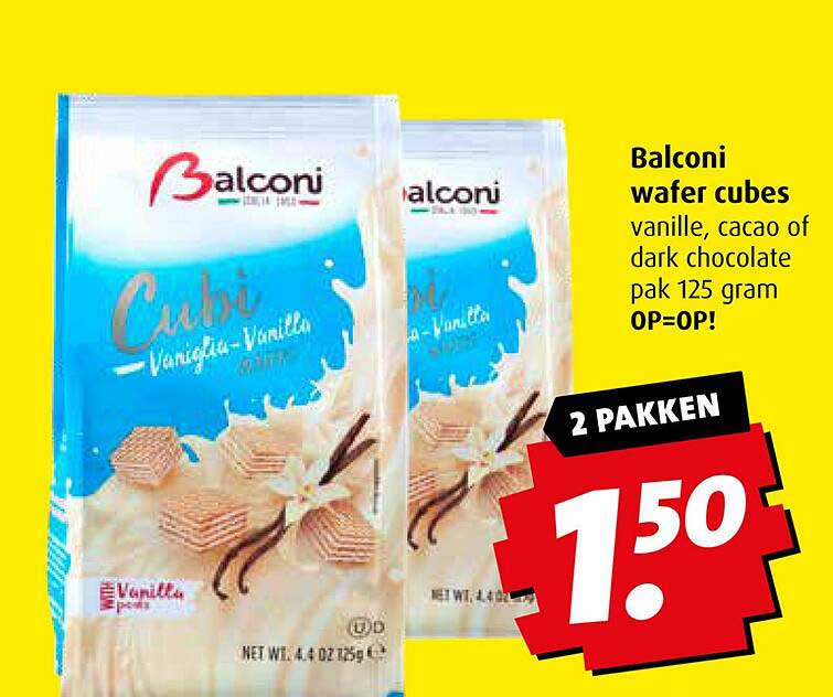 Balconi wafer cubes vanille, cacao of dark chocolate pak 125 gram
