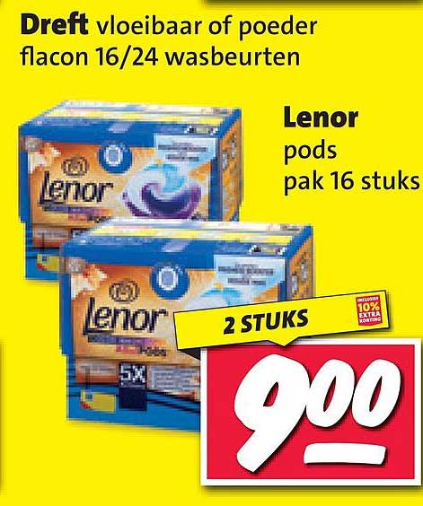 Deft vloeibaar of poeder flacon 16/24 wasbeurten, Lenor pods pak 16 stuks