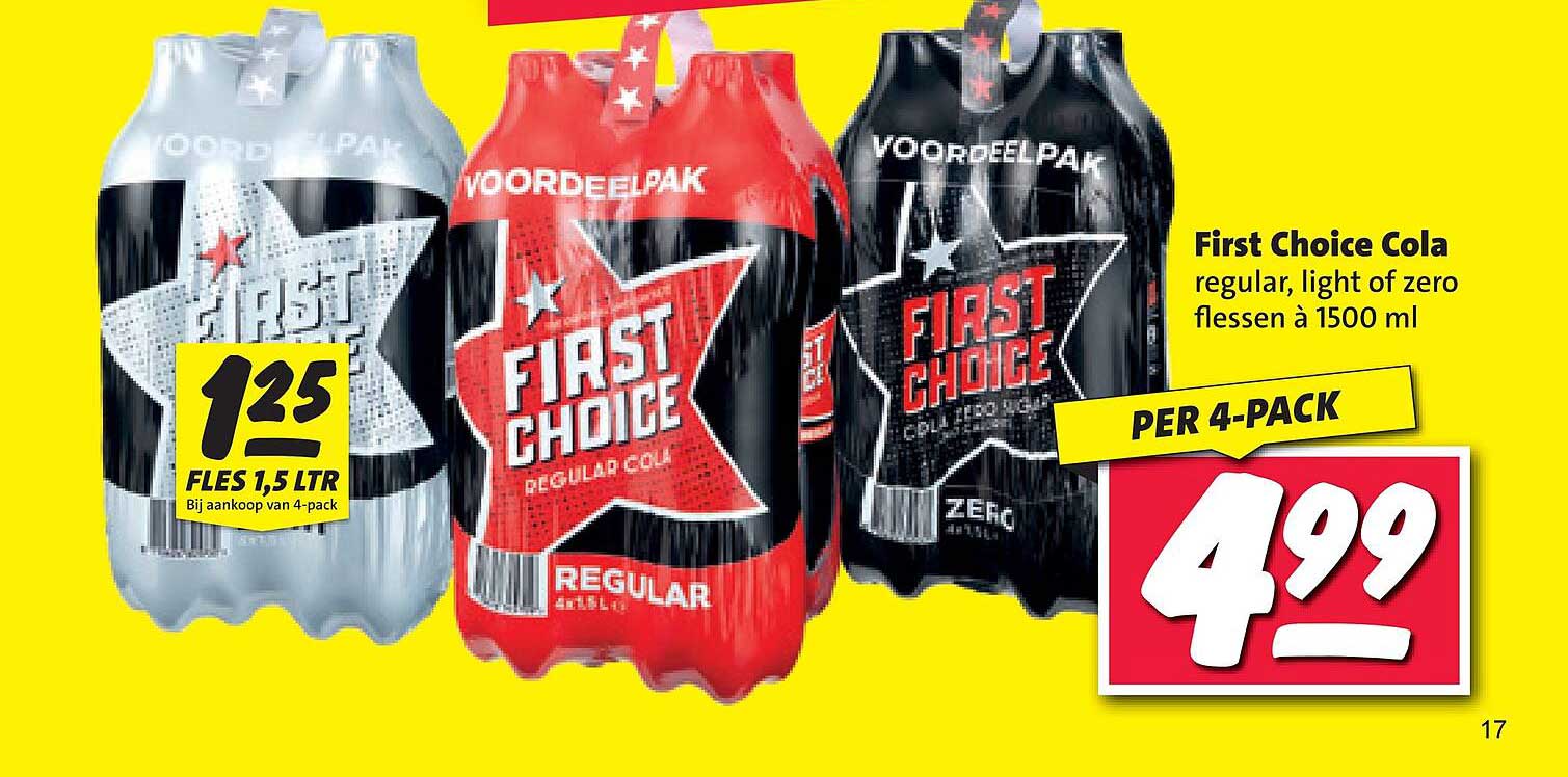 First Choice Cola regular, light of zero flessen à 1500 ml per 4-pack