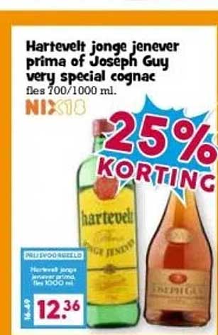 Hartevelt jonge jenever prima of Joseph Guy very special cognac fles 700/1000 ml.