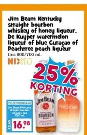 Jim Beam Kentucky straight bourbon whiskey of honey liqueur. De Kuyper watermelon liqueur of blue Curaçao of Peachtree peach liqueur fles 500/700 ml.