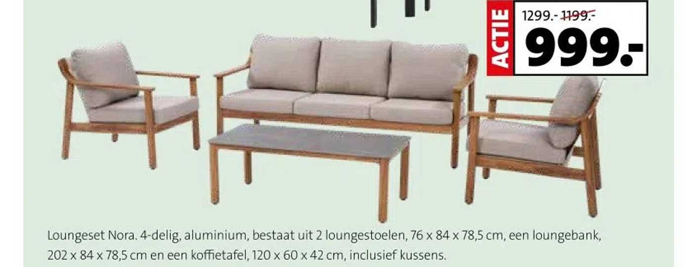 Loungeset Nora. 4-delig, aluminium, bestaat uit 2 loungestoelen, 76 x 84 x 78,5 cm, een loungebank, 202 x 84 x 78,5 cm en een koffietafel, 120 x 60 x 42 cm, inclusief kussens.