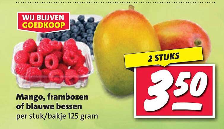 Mango, frambozen of blauwe bessen per stuk/bakje 125 gram