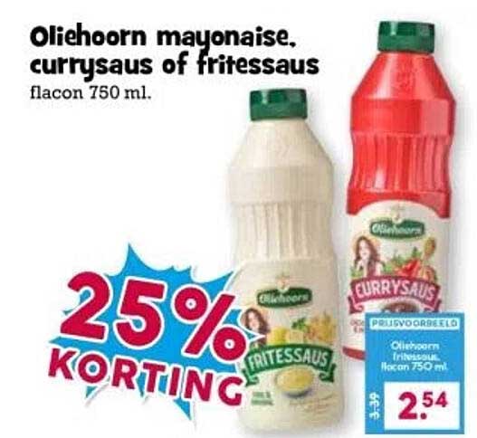 Oliehoorn mayonnaise, curry-saus of frites-saus flacon 750 ml.