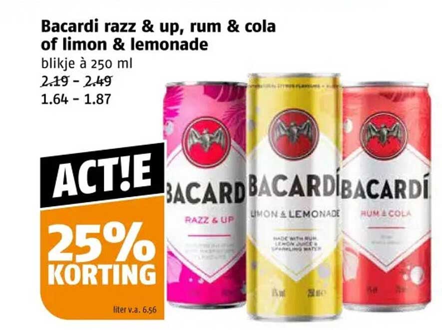 Bacardi razz & up, rum & cola of limon & lemonade blijkje à 250 ml