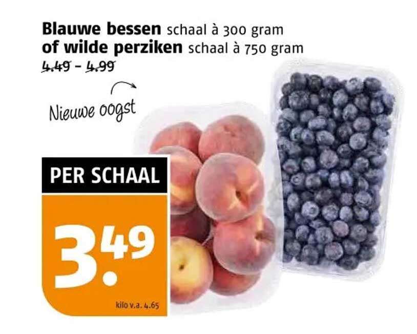 Blauwe bessen schaal à 300 gram of wilde perziken schaal à 750 gram