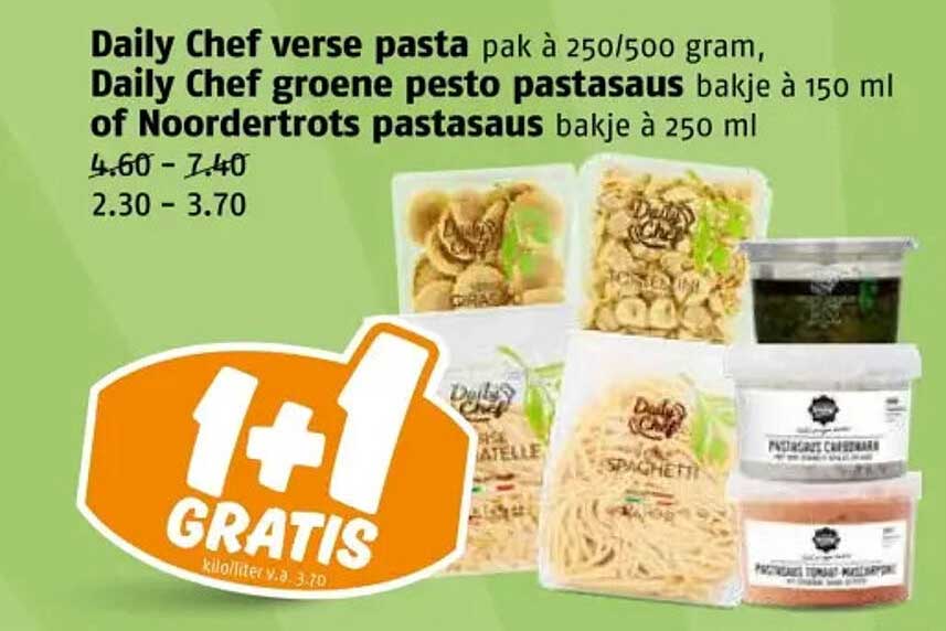 Daily Chef verse pasta pak à 250/500 gram, Daily Chef groene pesto pastasaus bakje à 150 ml of Noordertrots pastasaus bakje à 250 ml