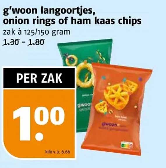 g'woon langoortjes, onion rings of ham kaas chips