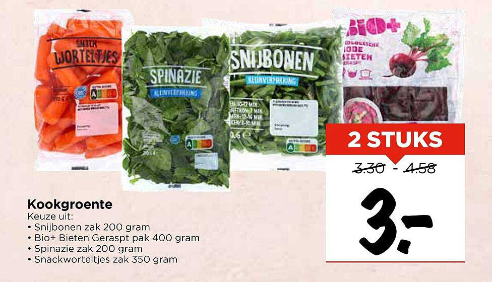 Kookgroente - Keuze uit Snijbonen zak 200 gram, Bio+ Bieten Geraspt pak 400 gram, Spinazie zak 200 gram, Snackworteltjes zak 350 gram