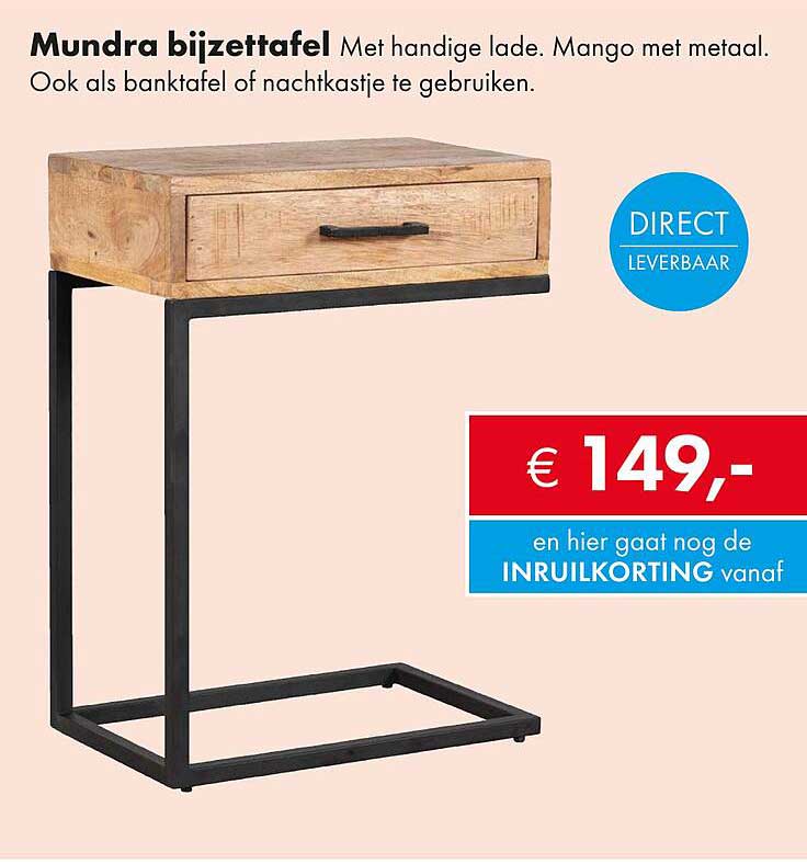 Mundra bijzettafel Met handige lade. Mango met metaal. Ook als banktafel of nachtkastje te gebruiken.