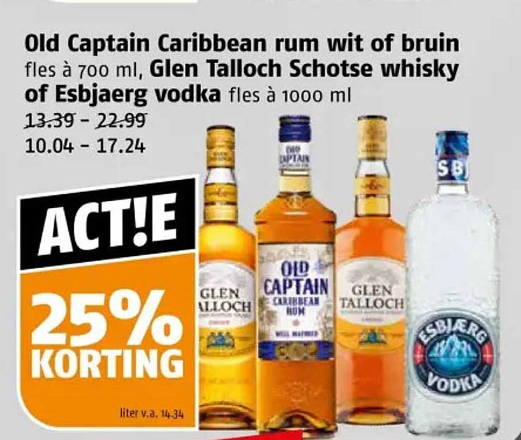 Old Captain Caribbean rum wit of bruin fles à 700 ml, Glen Talloch Schotse whisky of Esbjaerg vodka fles à 1000 ml