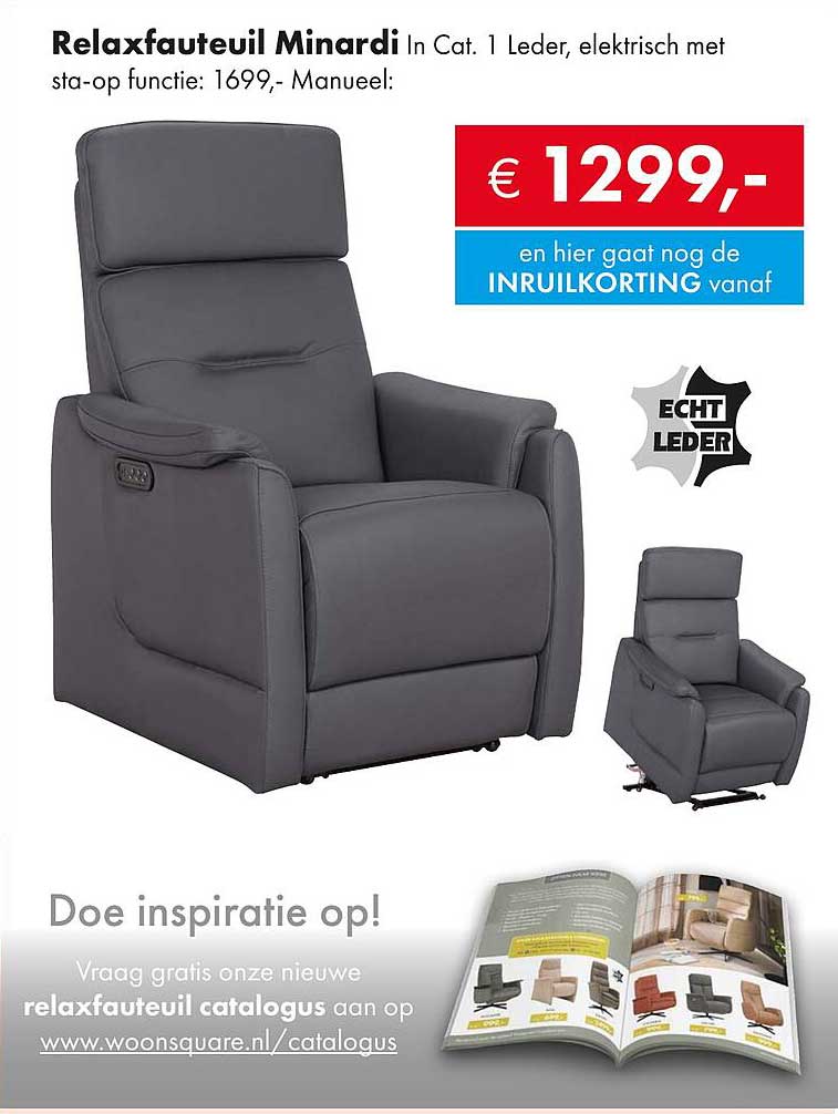 Relaxfauteuil Minardi In Cat. 1 Leder, elektrisch met sta-op functie: 1699,-