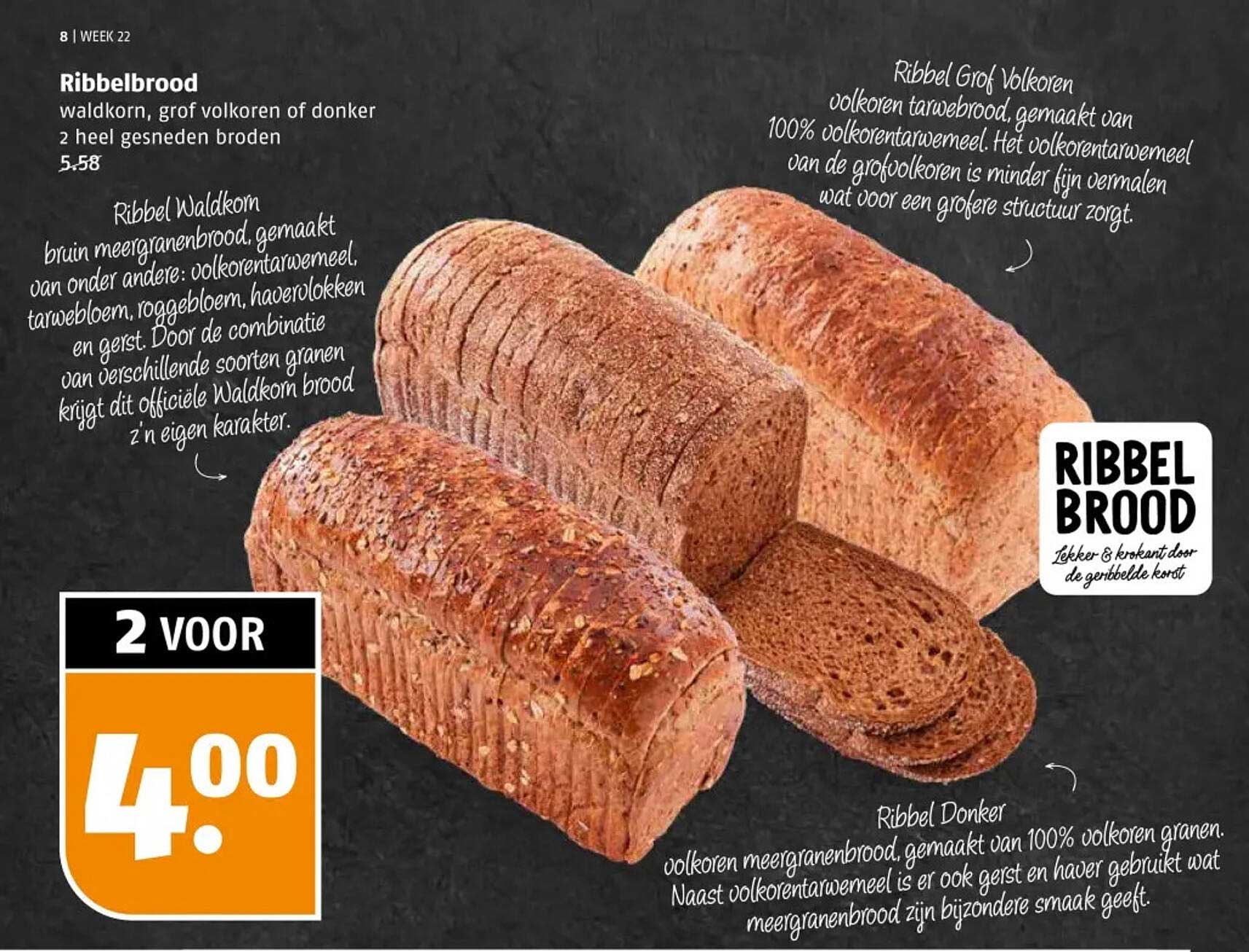 Ribbelbrood waldkorn, grof volkoren of donker 2 heel gesneden broden