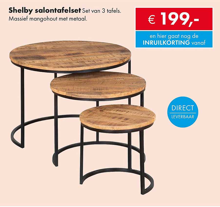 Shelby salontafelset Set van 3 tafels. Massief mangohout met metaal.