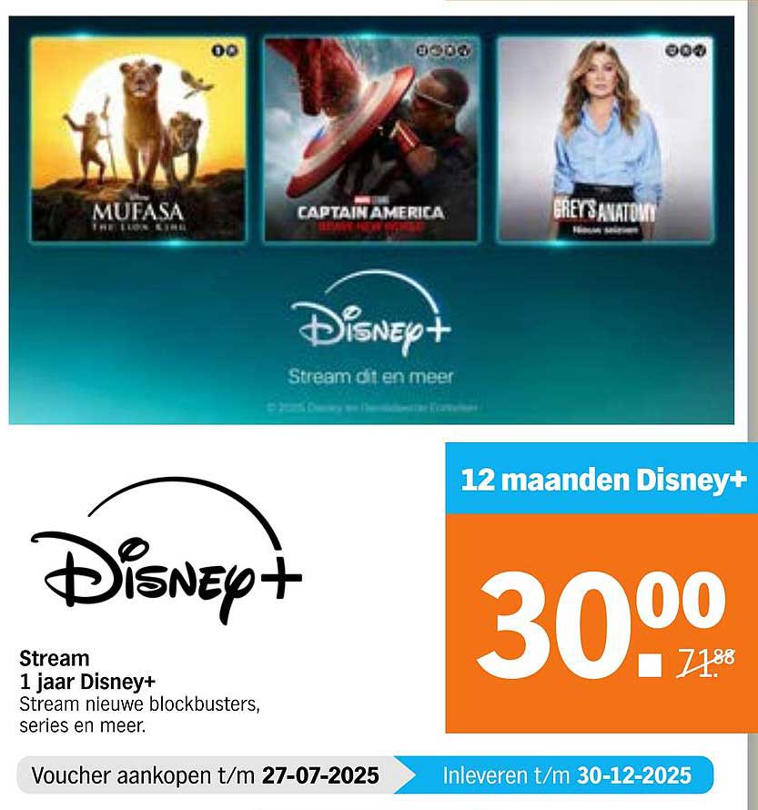1 jaar Disney+ voor 30,00