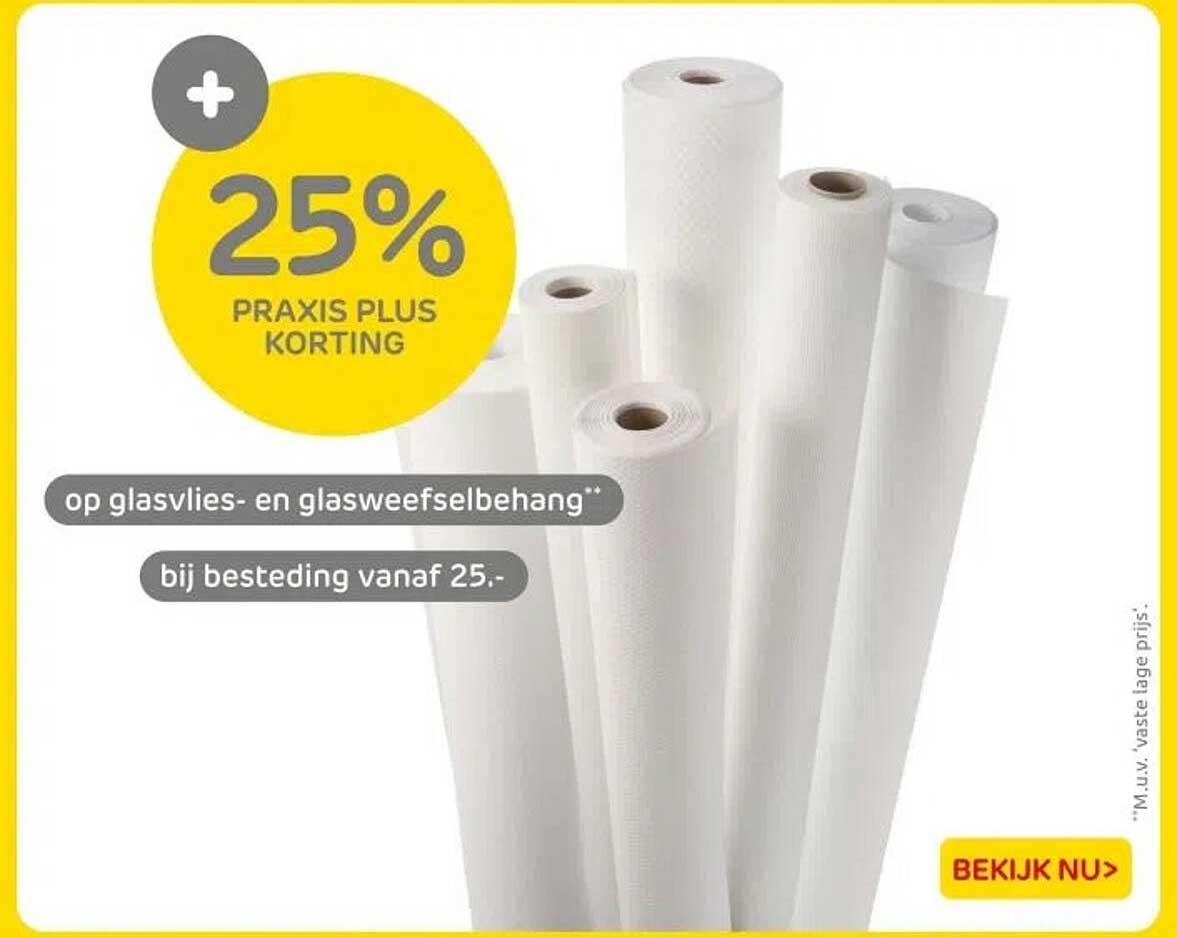 25% PRAKIS PLUS KORTING op glasvlies- en glasweefselbehang bij besteding vanaf 25.-