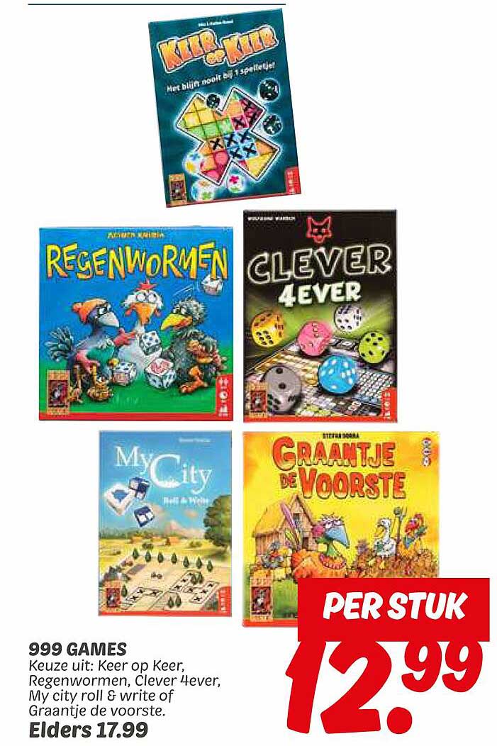 999 GAMES - Keuze uit: Keer op Keer, Regenwormen, Clever 4ever, My City roll & write of Graantje de Vorste.