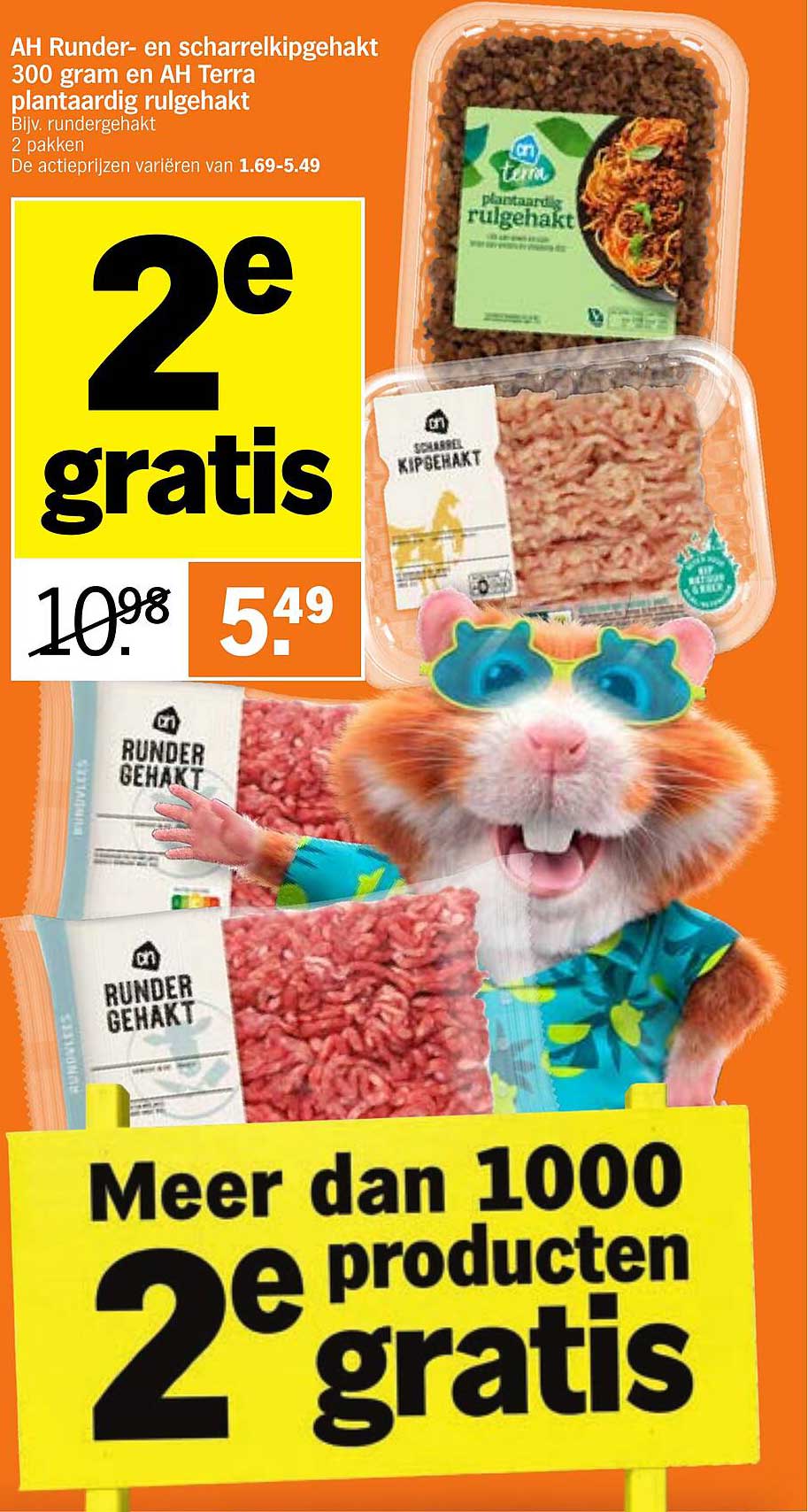 AH Runder- en scharrelkipgehakt 300 gram en AH Terra plantaardig rundergehakt