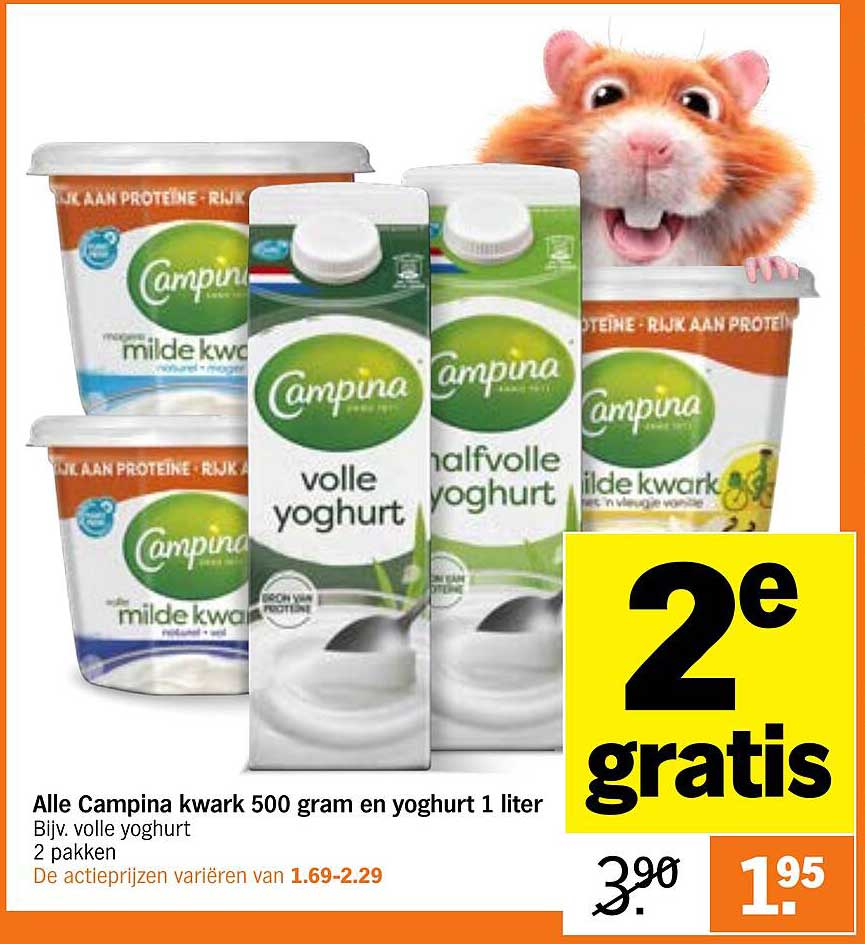 Alle Campina kwark 500 gram en yoghurt 1 liter bij volle yoghurt, 2 pakken