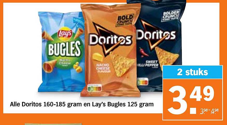 Alle Doritos 160-185 gram en Lay's Bugles 125 gram