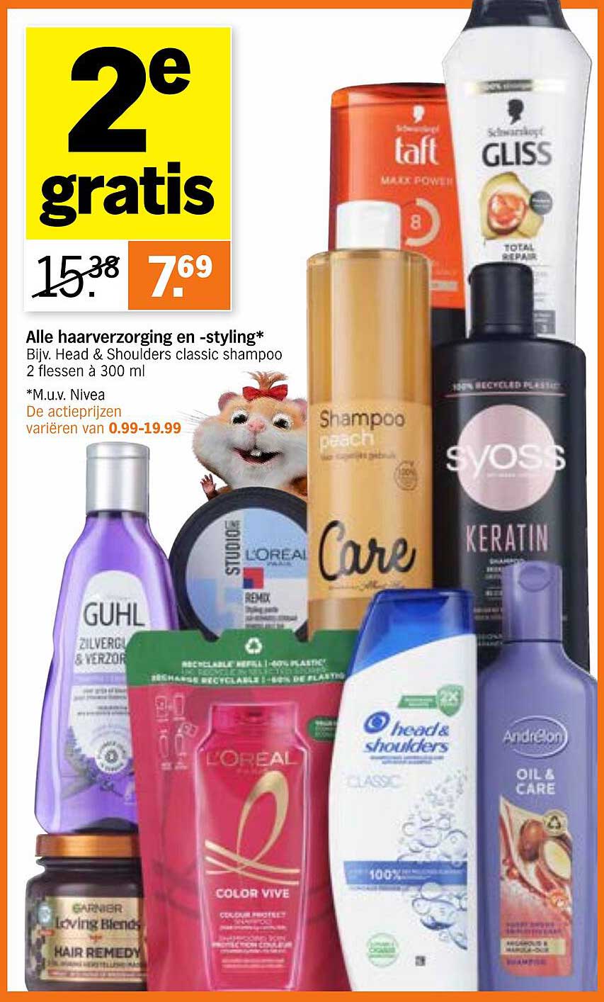 Alle haarverzorging en -styling* Bijv. Head & Shoulders classic shampoo 2 flessen à 300 ml