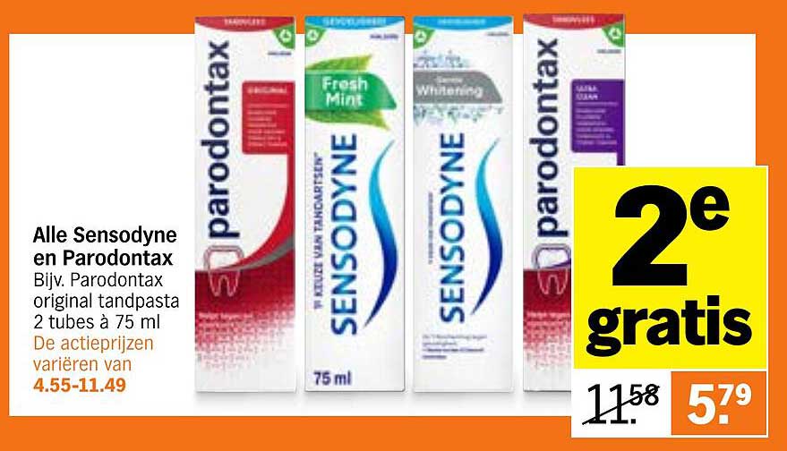 Alle Sensodyne en Parodontax Bijv. Parodontax original tandpasta 2 tubes à 75 ml De actieprijzen variëren van 4.55-11.49