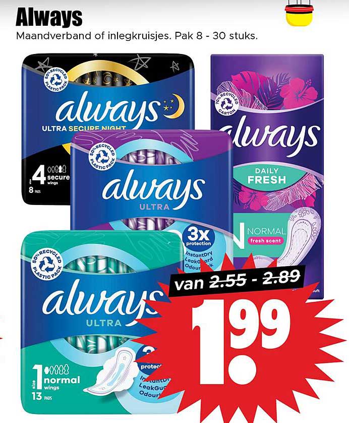 Always Maandverband van inlegkruisjes. Pak 8 - 30 stuks.