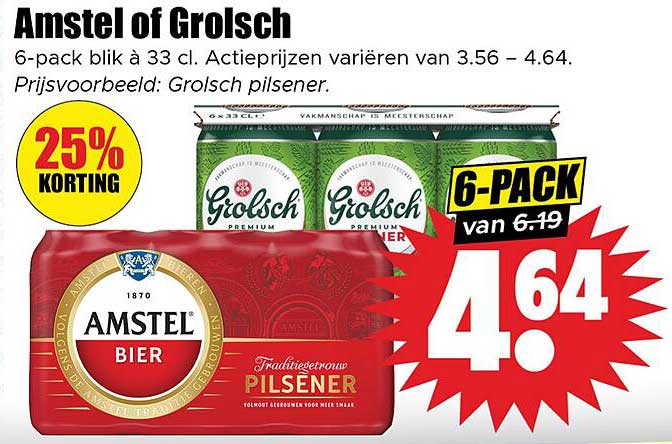 Amstel of Grolsch 6-pack blik à 33 cl.