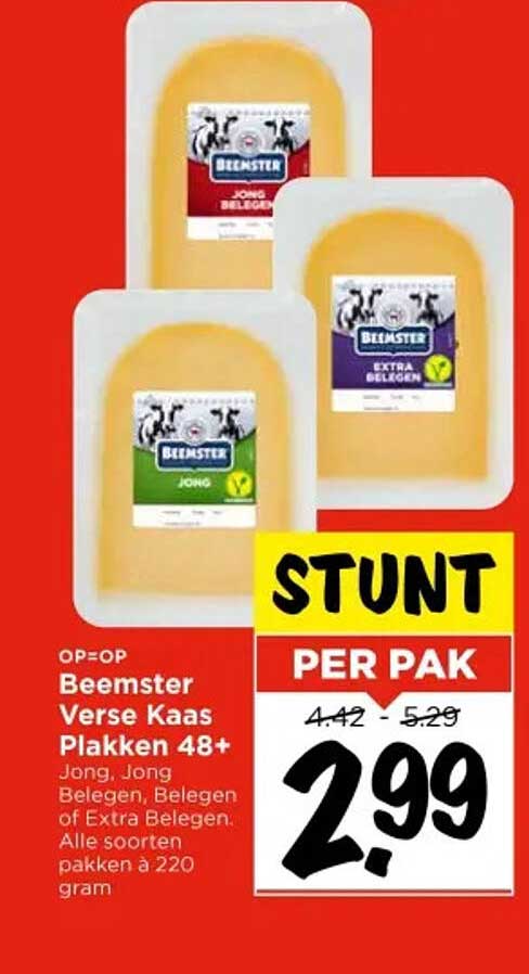 Beemster Verse Kaas Plakken 48+ Jong, Jong Belegen, Belegen of Extra Belegen